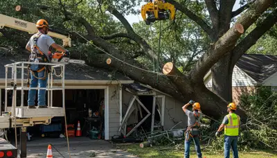Emergency tree service crew removing storm-damaged tree in Oklahoma City, OK