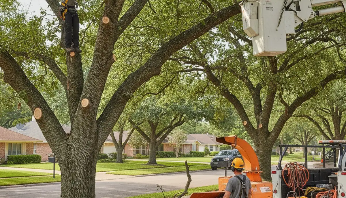 Oklahoma City tree pruning crew trimming branches to improve tree health and safety