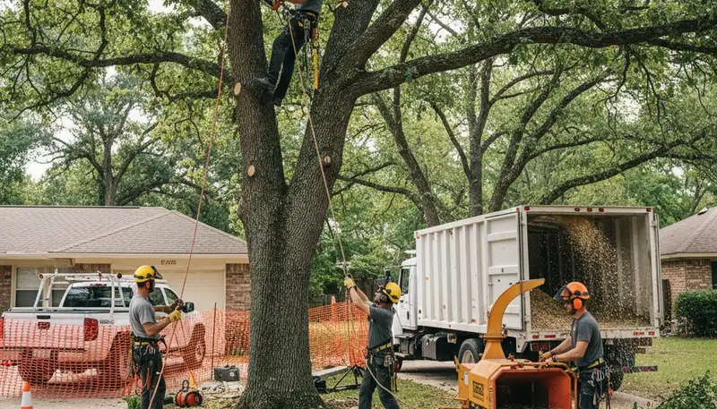 Oklahoma City tree removal crew safely removing a hazardous dead tree for Arbor Tree Care