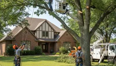 Tree service crew trimming and removing trees in Oklahoma City, OK