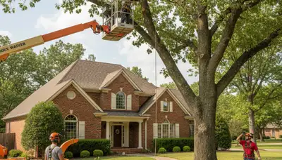 Tree service crew in Oklahoma City, OK performing professional tree removal and trimming in a residential yard