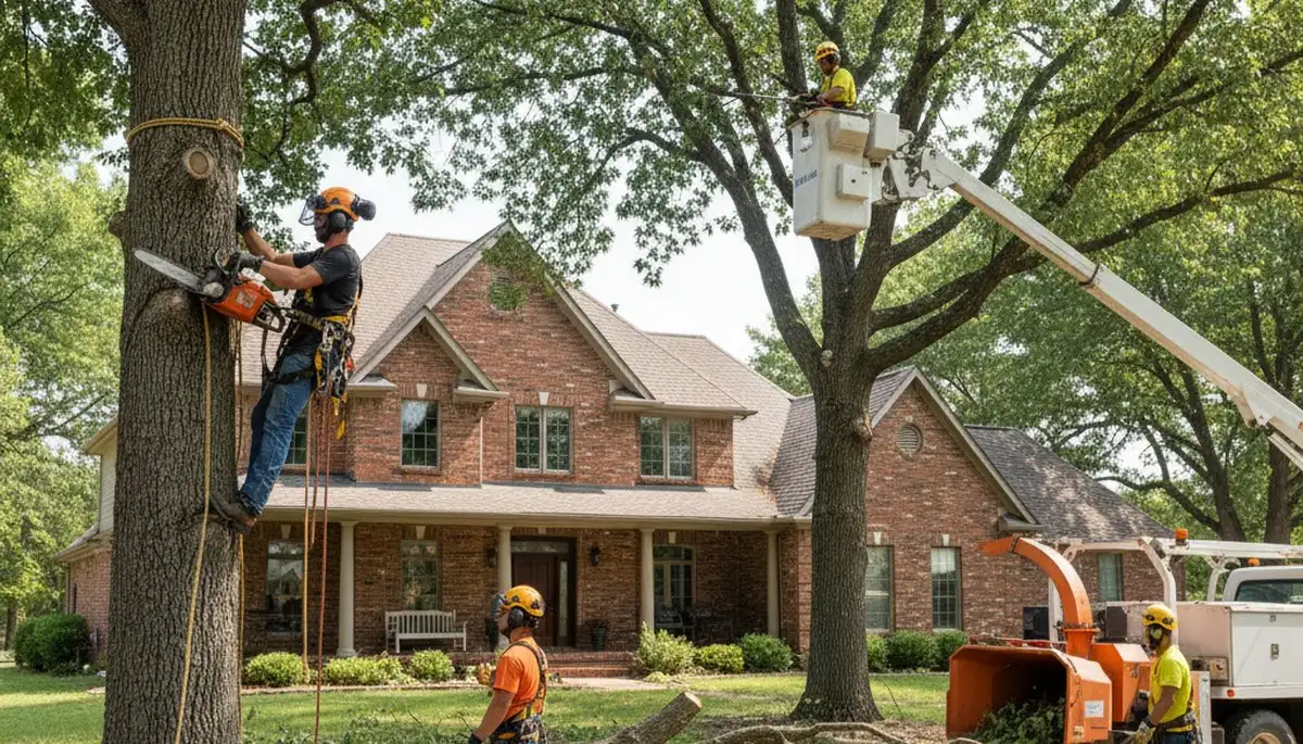 Tree service crew trimming a tree in Oklahoma City, OK for residential property maintenance